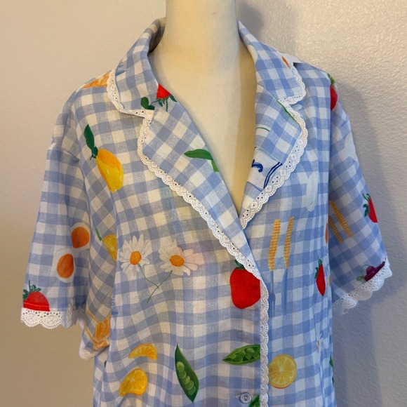 Unbranded Tops - Gingham Fruit Print Coquette Mixed Media Button Up Shirt Grandma Women L Blue